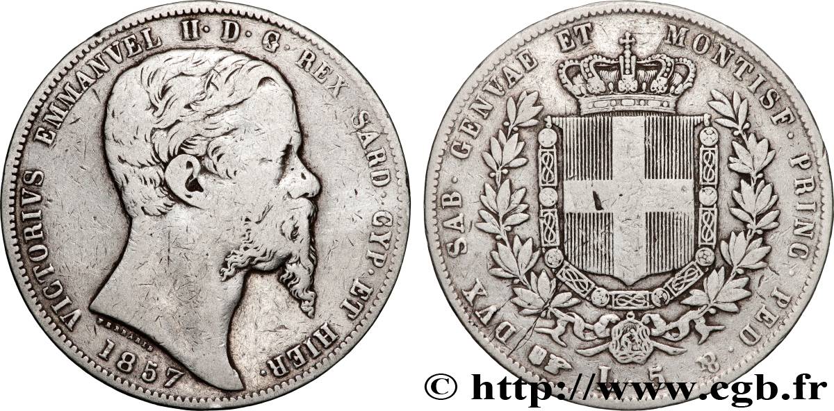 ITALIA - REINO DE CERDEÑA - VÍCTOR-MANUEL II 5 Lire  1857 Turin BC+ 