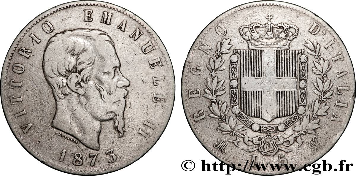 ITALIA 5 Lire Victor Emmanuel II 1873 Milan q.BB 