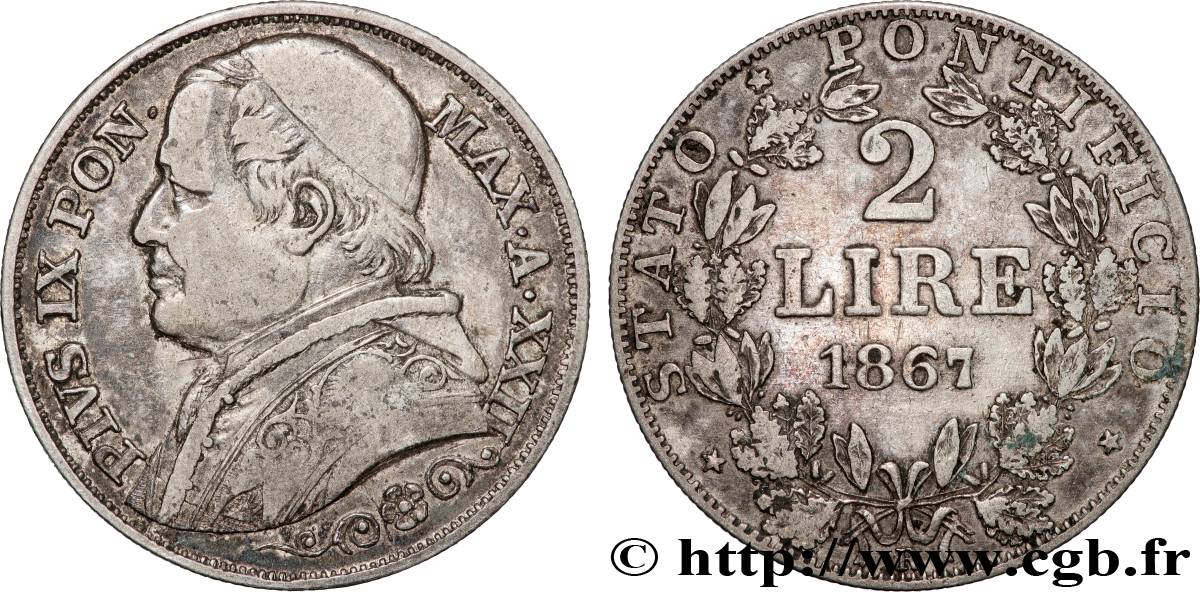 VATICAN ET ÉTATS PONTIFICAUX 2 Lire Pie IX an XXII 1867 Rome TTB 