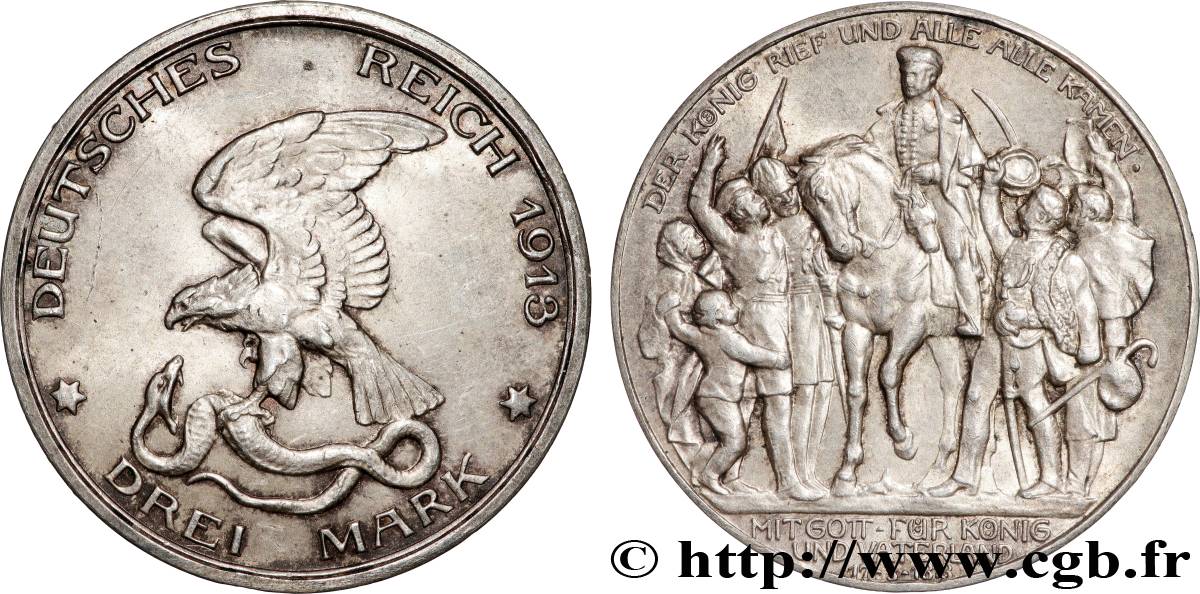 DEUTSCHLAND - PREUßEN 3 Mark 100e anniversaire défaite de Napoléon 1913 Berlin VZ 