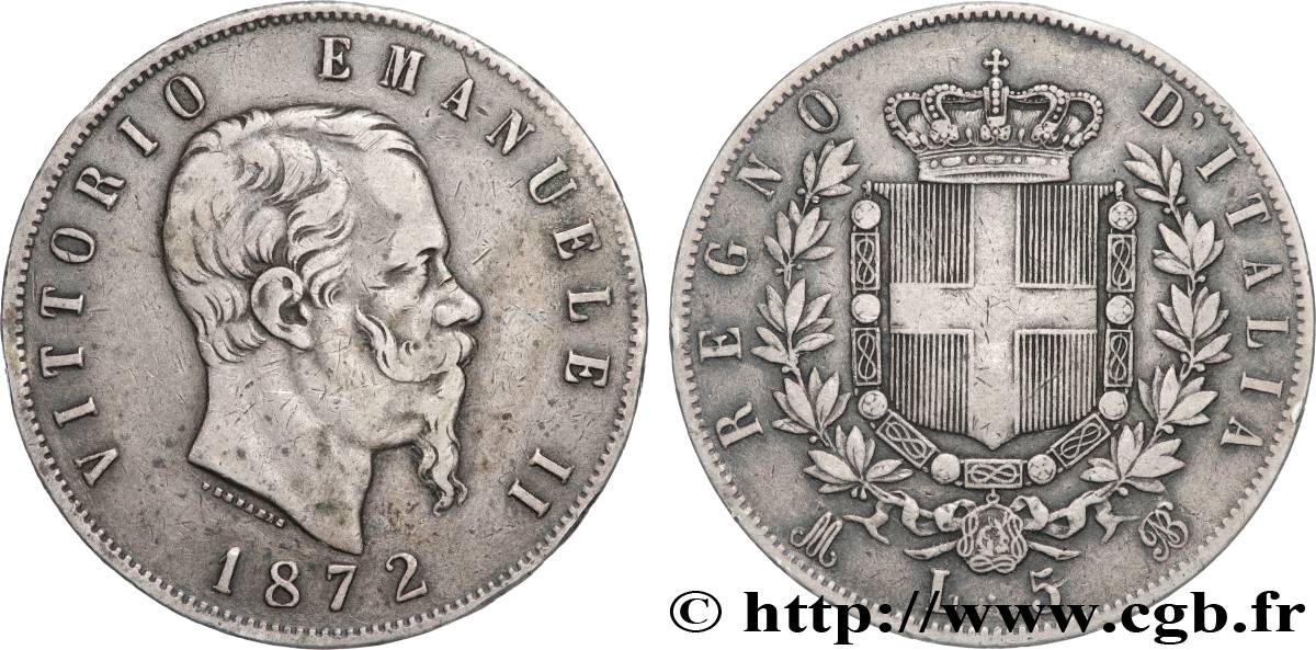 ITALY 5 Lire Victor Emmanuel II 1872 Milan XF 