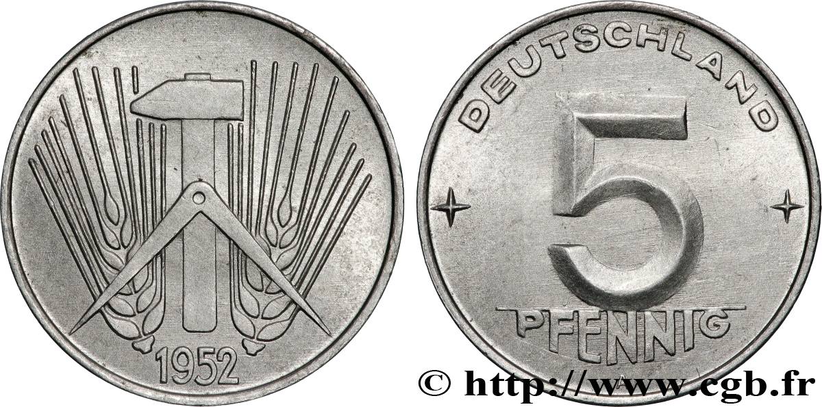 ALLEMAGNE RÉPUBLIQUE DÉMOCRATIQUE 5 Pfennig épis, marteaux et compas type Deutschland 1952 Berlin SUP 