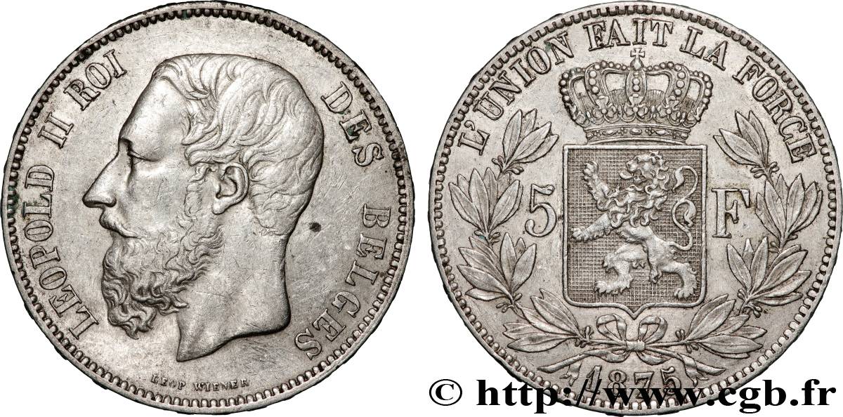 BELGIEN 5 Francs Léopold II 1875  fVZ 