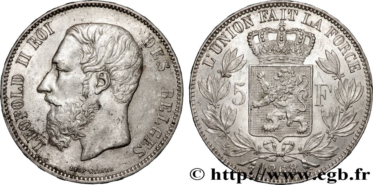 BELGIO 5 Francs Léopold II 1868  SPL 