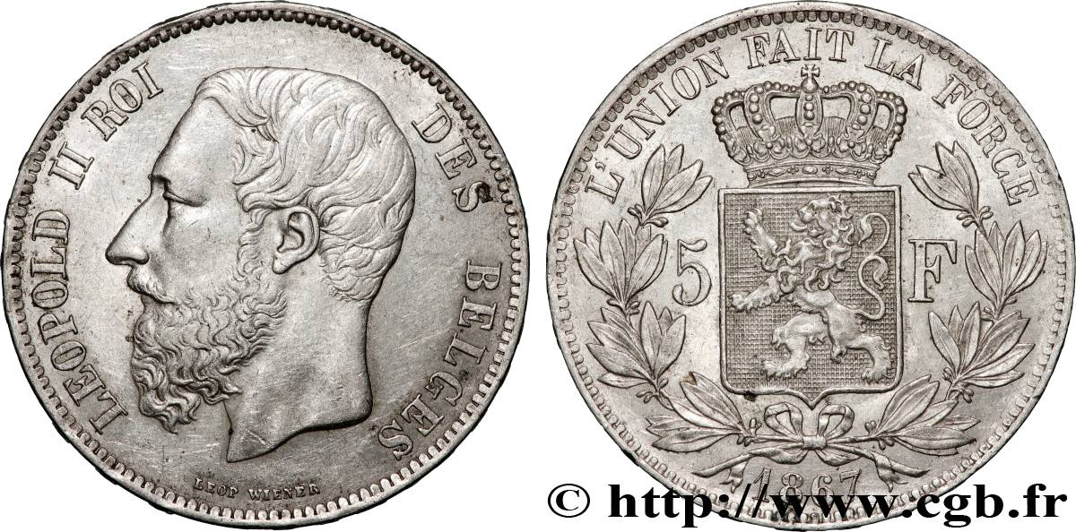 BELGIEN 5 Francs Léopold II 1867  VZ 