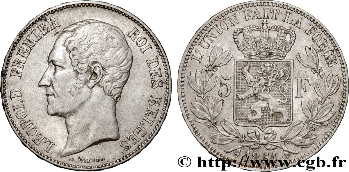 BELGIEN 5 Francs Léopold Ier tête nue 1851  fVZ 