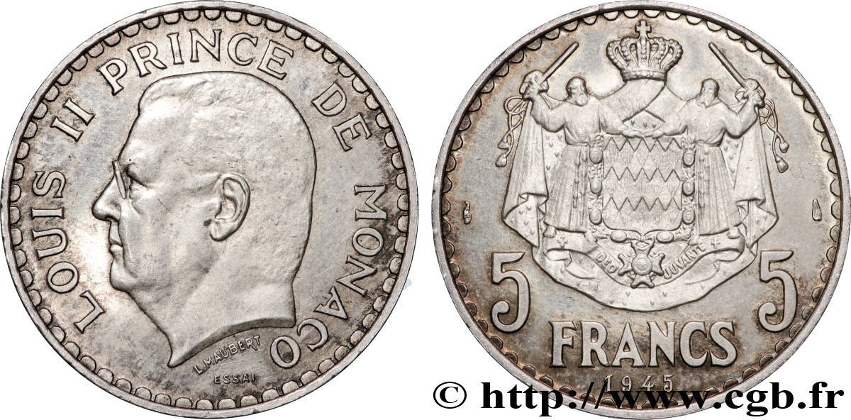 MONACO - FÜRSTENTUM MONACO - LUDWIG II. Essai 5 francs en argent 1945 Paris fST 