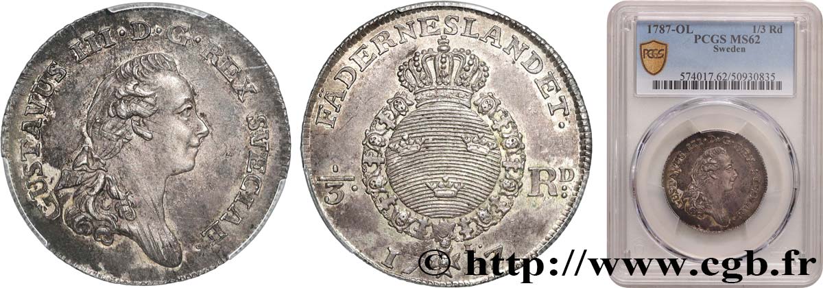SWEDEN - KINGDOM OF SWEDEN - GUSTAVE III 1/3 Riksdaler, 1er type  1787 Stockholm MS62 PCGS