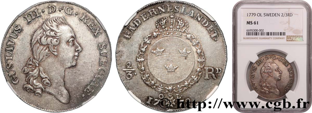 SUÈDE - ROYAUME DE SUÈDE - GUSTAVE III 2/3 Riksdaler 1779 Stockholm SUP61 NGC