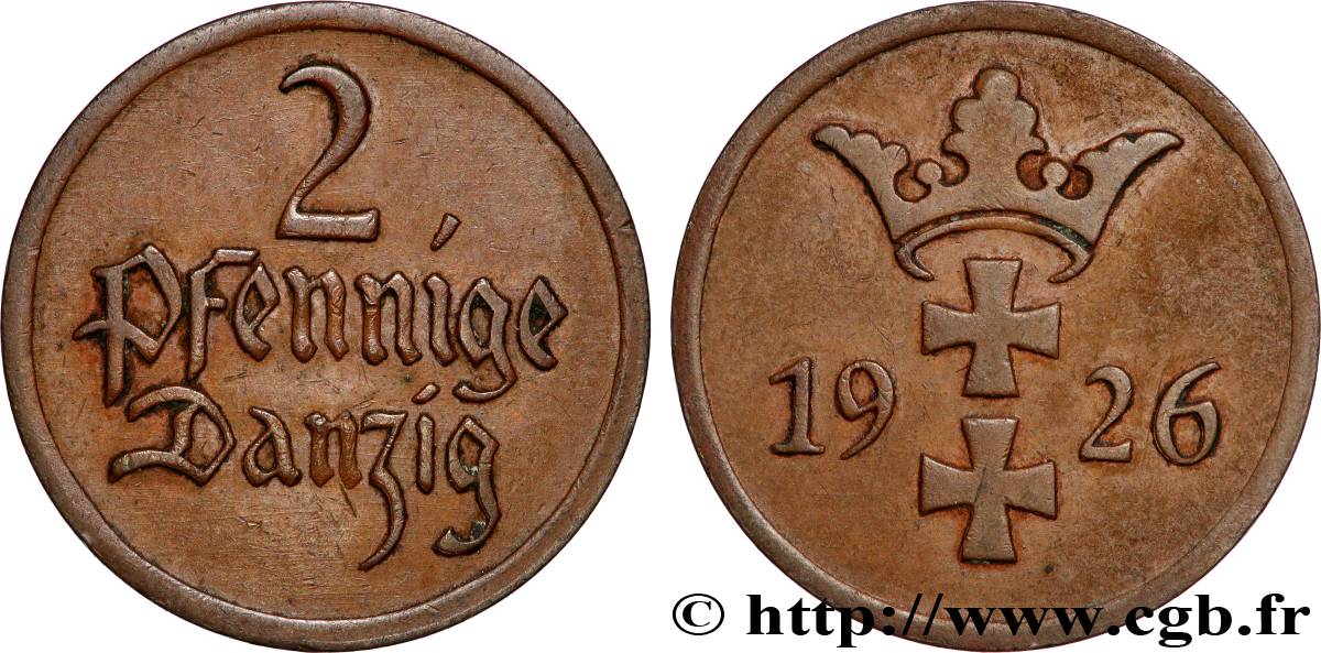 LIBERA CITTA DI DANZICA 2 Pfennige 1926 Berlin BB 