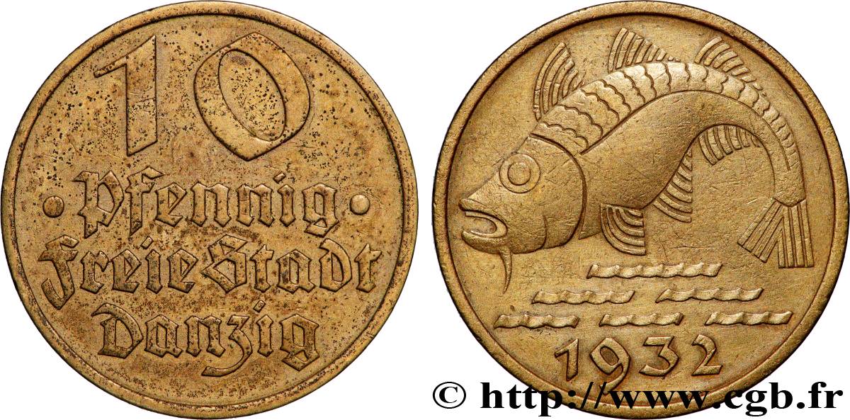 DANZIG (Free City of) 10 Pfennig poisson 1932 Berlin XF 