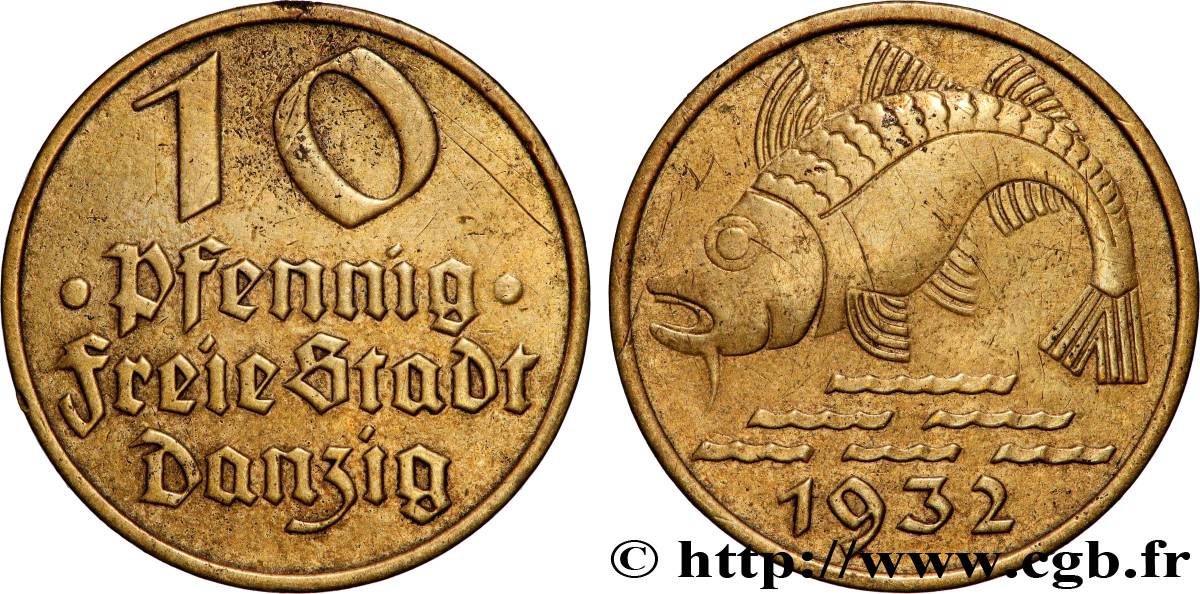 DANTZIG - VILLE LIBRE DE DANTZIG 10 Pfennig poisson 1932 Berlin TTB 