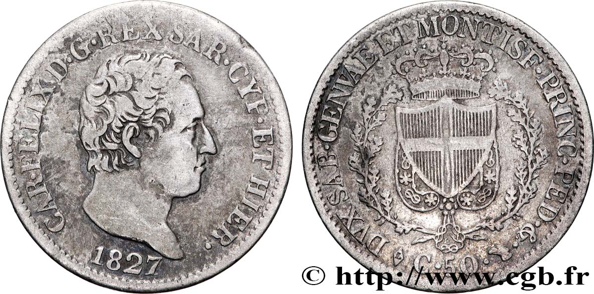 ITALIE - ROYAUME DE SARDAIGNE - CHARLES-FÉLIX 50 Centesimi  1827 Turin TB+ 