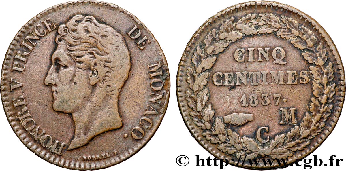 MONACO - HONORÉ V 5 Centimes petite tête en cuivre rouge 1837 Monaco SS 