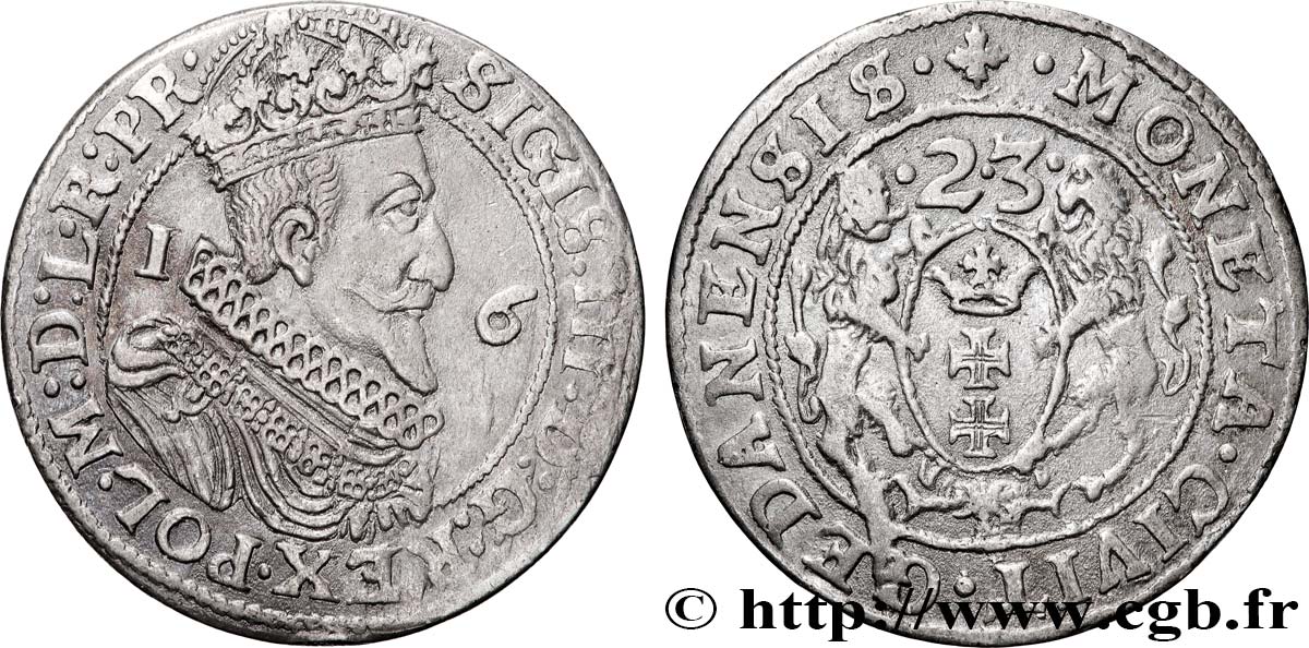 POLOGNE 1/4 de Thaler Sigismond III Vasa 1623 Dantzig TTB 
