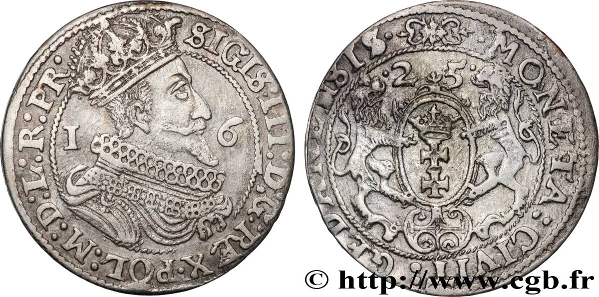 POLOGNE 1/4 de Thaler Sigismond III Vasa 1625 Dantzig TTB+ 