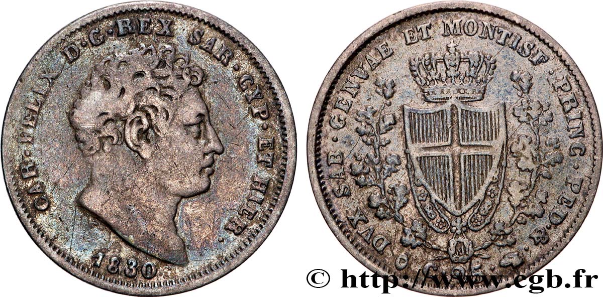 ITALIA - REINO DE CERDEÑA  - CARLO FÉLIX 25 Centesimi  1830 Turin BC+ 