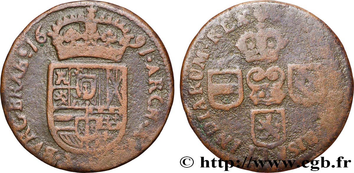 SPANISH NETHERLANDS - COUNTY OF FLANDERS - CHARLES II Liard 1691 Bruges VF 