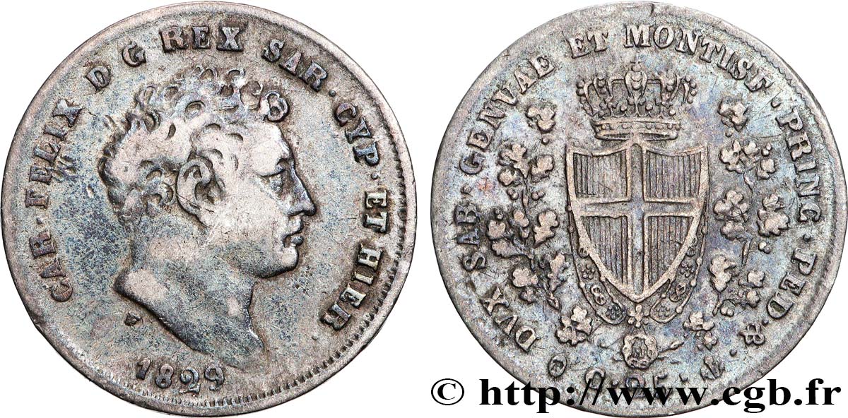 ITALY - KINGDOM OF SARDINIA 25 Centesimi Charles-Félix, roi de Sardaigne  1829 Gênes VF 