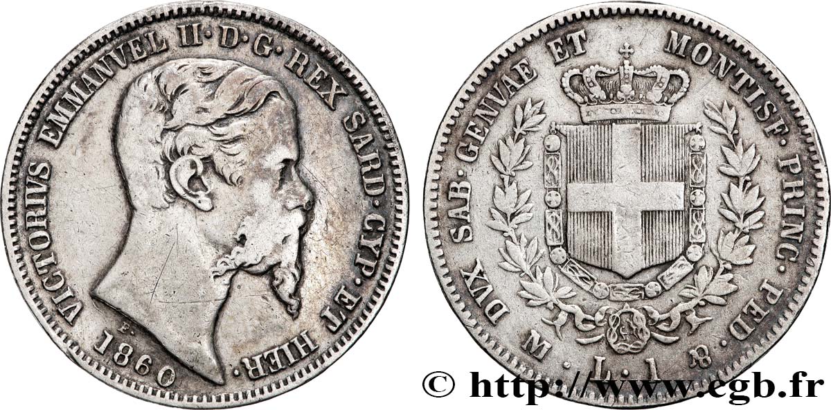 ITALIA - REGNO DE SARDINIA 1 Lire Victor Emmanuel II 1860 Milan q.BB 