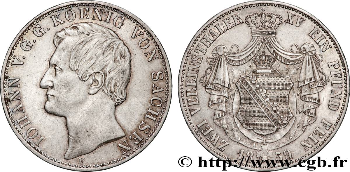 ALLEMAGNE - ROYAUME DE SAXE - JEAN 2 Thaler  1859 Dresde MBC+ 