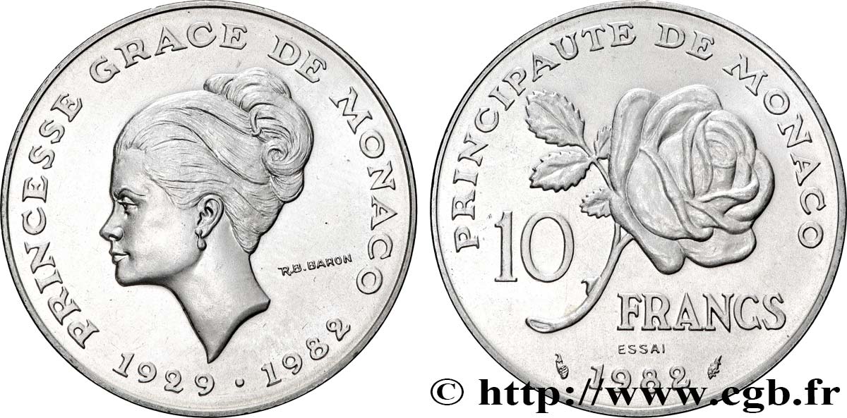 MONACO Essai de 10 Francs princesse Grace de Monaco 1982 Paris SPL 