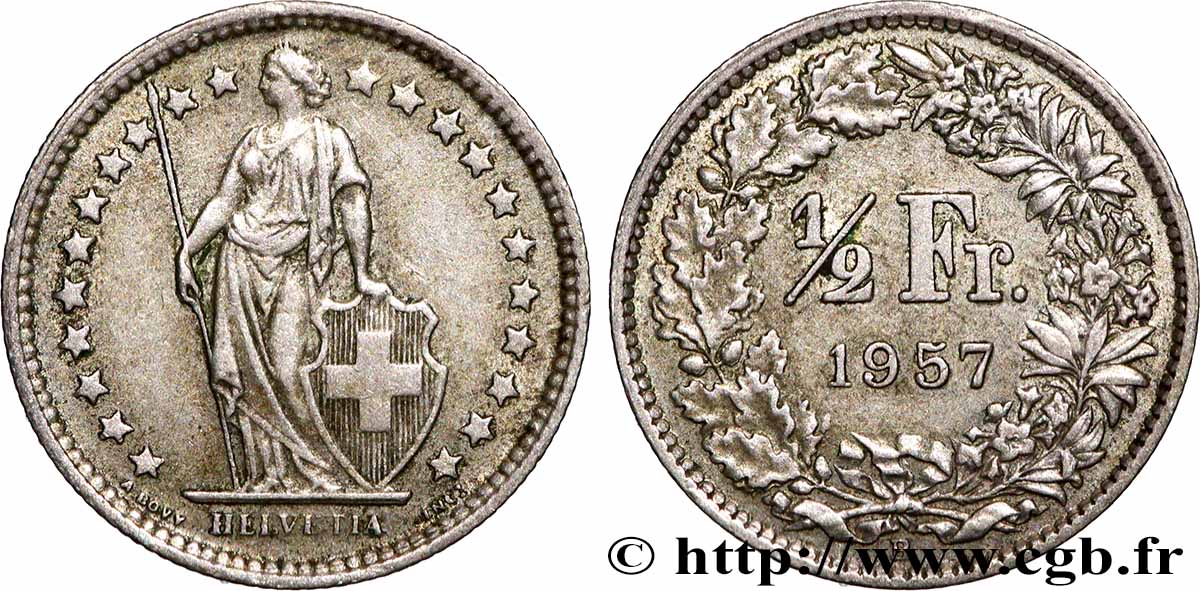 SUISSE 1/2 Franc Helvetia 1957 Berne TTB+ 