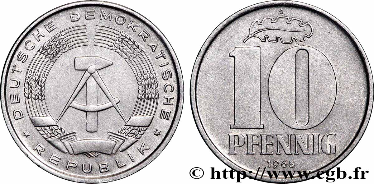 REPUBBLICA DEMOCRATICA TEDESCA 10 Pfennig emblème de la RDA 1965 Berlin SPL 