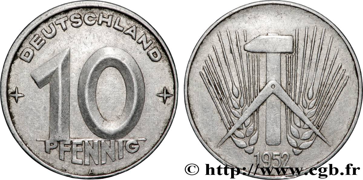 ALLEMAGNE RÉPUBLIQUE DÉMOCRATIQUE 10 Pfennig épis, marteaux et compas type Deutschland 1952 Berlin TTB 
