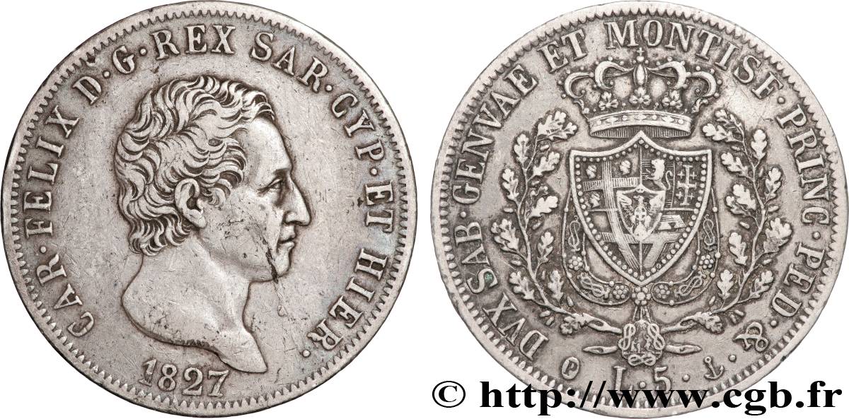 ITALIE - ROYAUME DE SARDAIGNE - CHARLES-FÉLIX 5 Lire  1827 Gênes TTB 