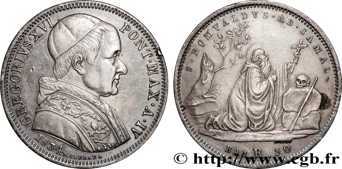 ITALIA - STATO PONTIFICIO - GRÉGOIRE XVI (Bartolomeo Alberto Cappellari) 50 Baiocchi 1834 Rome q.SPL 