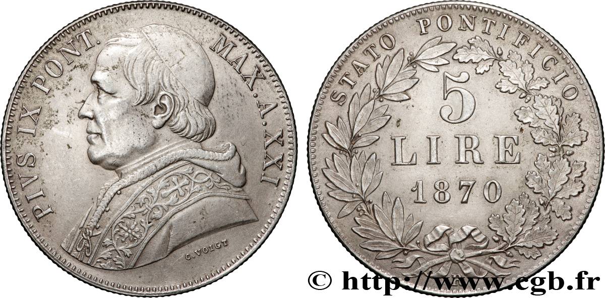 ITALIE - ÉTATS DU PAPE - PIE IX (Jean-Marie Mastai Ferretti) 5 Lire an XXIV 1870 Rome TTB+ 