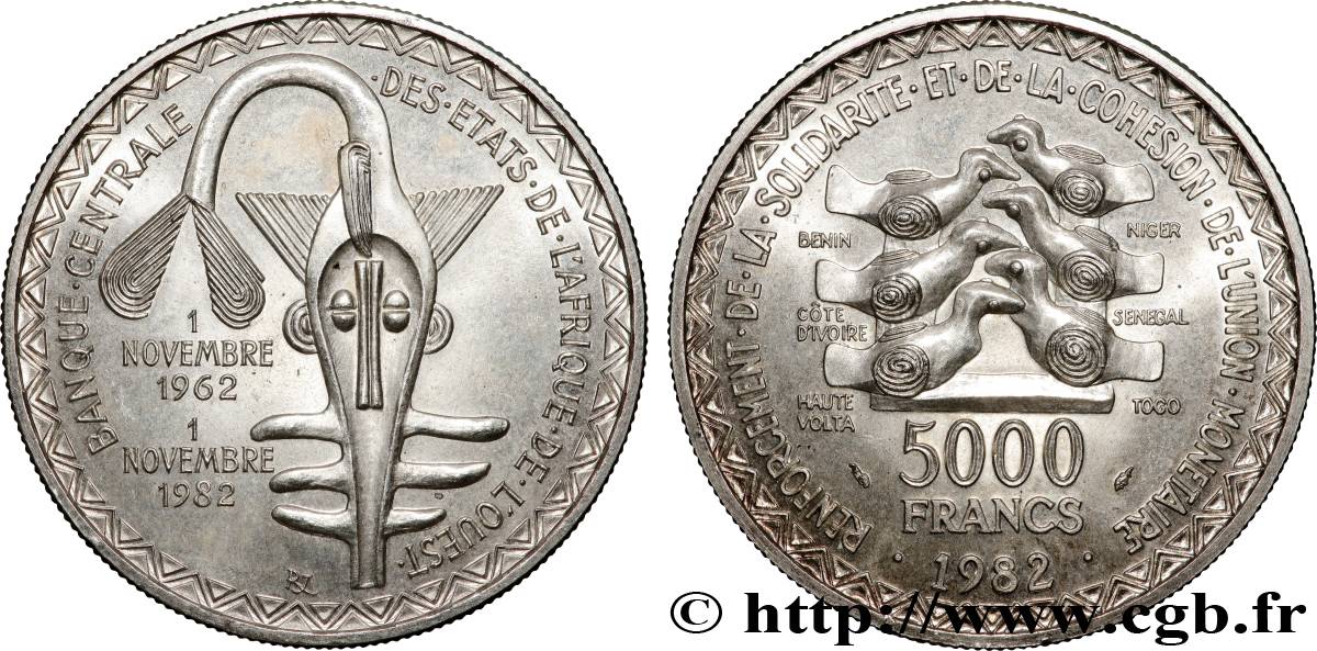 ÉTATS DE L AFRIQUE DE L OUEST (BCEAO) 5000 Francs masque 1982 Paris SPL 