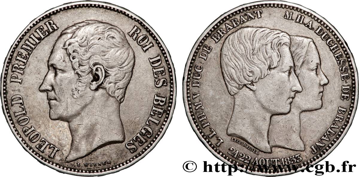 BELGIQUE 5 Francs mariage du Duc et de la Duchesse de Brabant 1853  TTB+ 