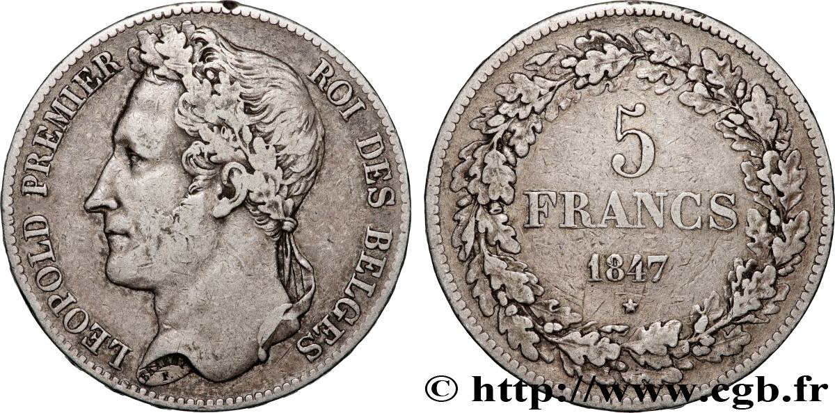 BELGIQUE 5 Francs Léopold Ier tête laurée 1847  TTB 