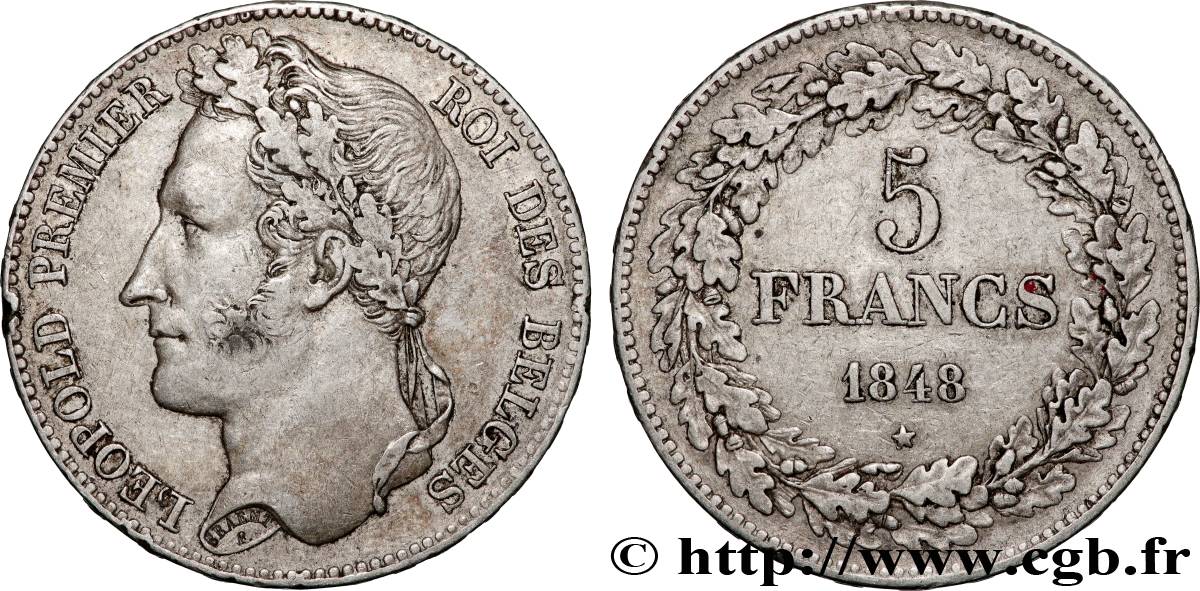 BELGIEN 5 Francs Léopold Ier tête laurée 1848  SS 
