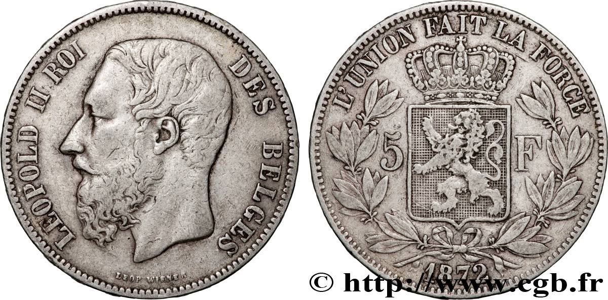 BELGIQUE 5 Francs Léopold II 1872  TTB 
