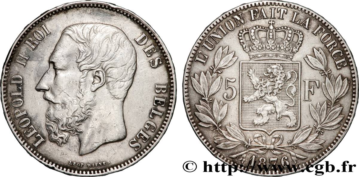 BELGIEN 5 Francs Léopold II 1876 Bruxelles fVZ 