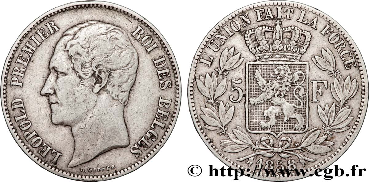 BELGIQUE - ROYAUME DE BELGIQUE - LÉOPOLD Ier 5 Francs tête nue 1858  SS 