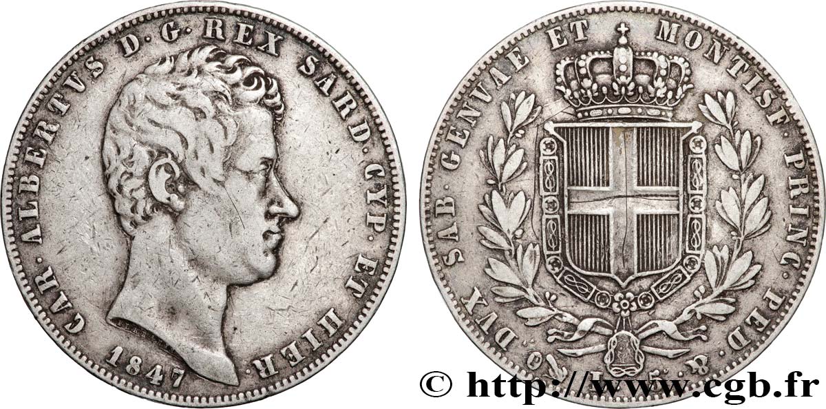 ITALIA - REGNO DE SARDINIA - CARLO ALBERTO 5 Lire  1847 Gênes q.BB 