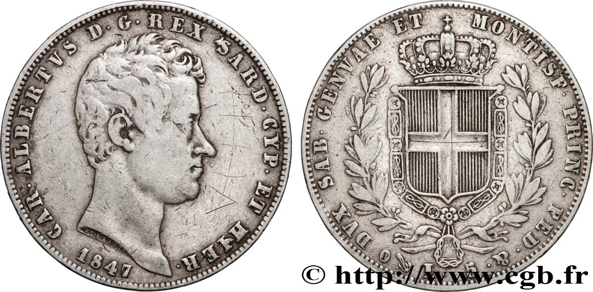 ITALIE - ROYAUME DE SARDAIGNE - CHARLES-ALBERT 5 Lire  1847 Gênes TB+ 