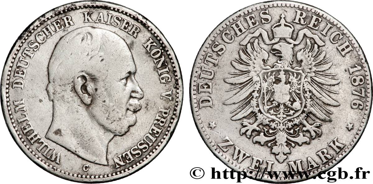ALLEMAGNE - PRUSSE 2 Mark Guillaume Ier 1876 Francfort TB+ 