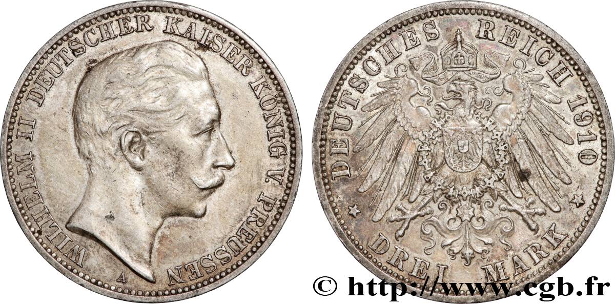 ALLEMAGNE - PRUSSE 3 Mark Guillaume II 1910 Berlin TTB+ 