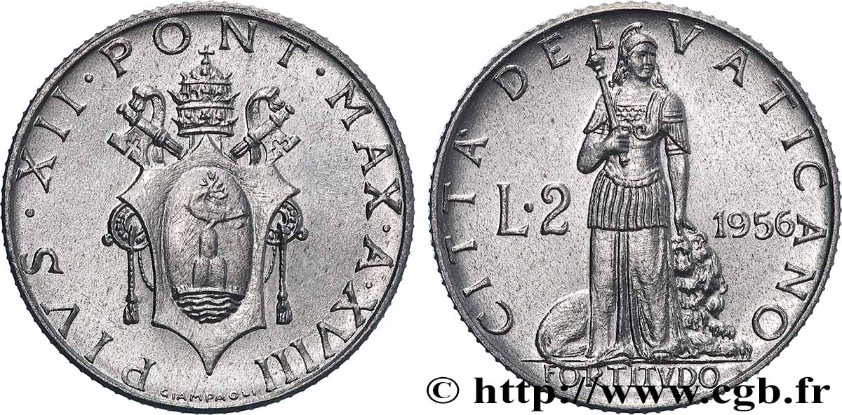 VATICAN AND PAPAL STATES 2 Lire armes du Vatican, pontificat de Pie XII an XVIII / la “Force” 1956 Rome MS 