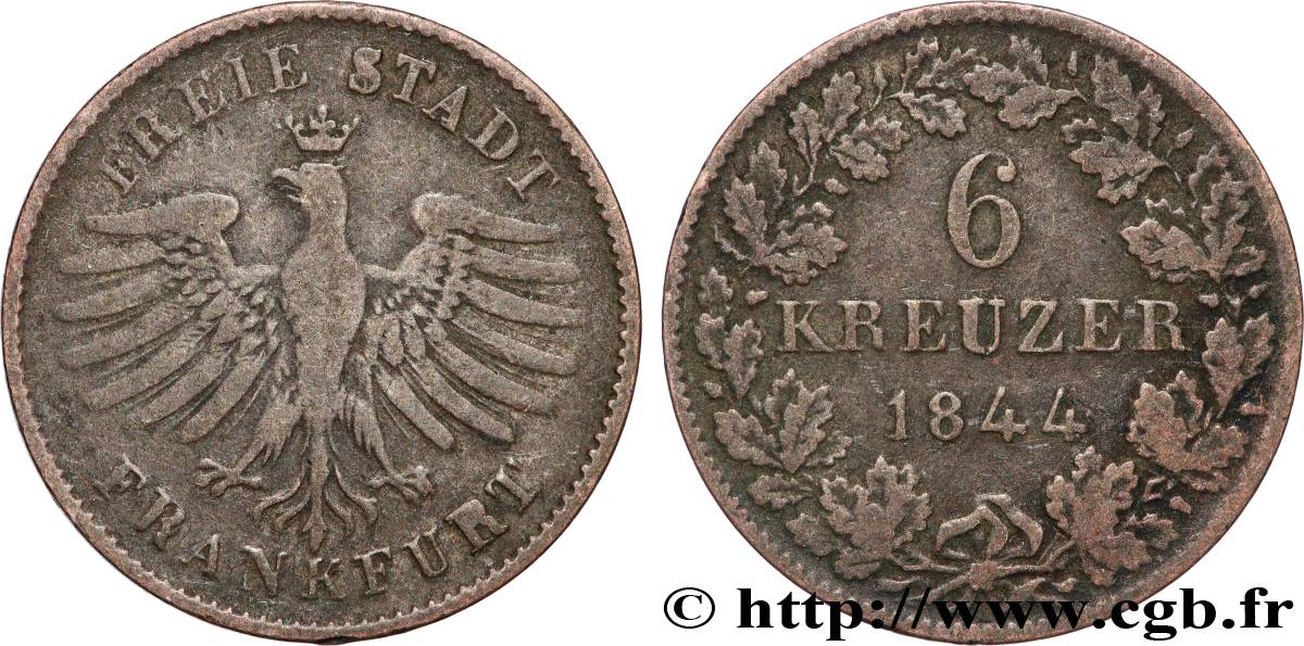GERMANY - FRANKFURT FREE CITY 6 Kreuzer Ville libre de Francfort :  aigle 1844 Francfort VF 