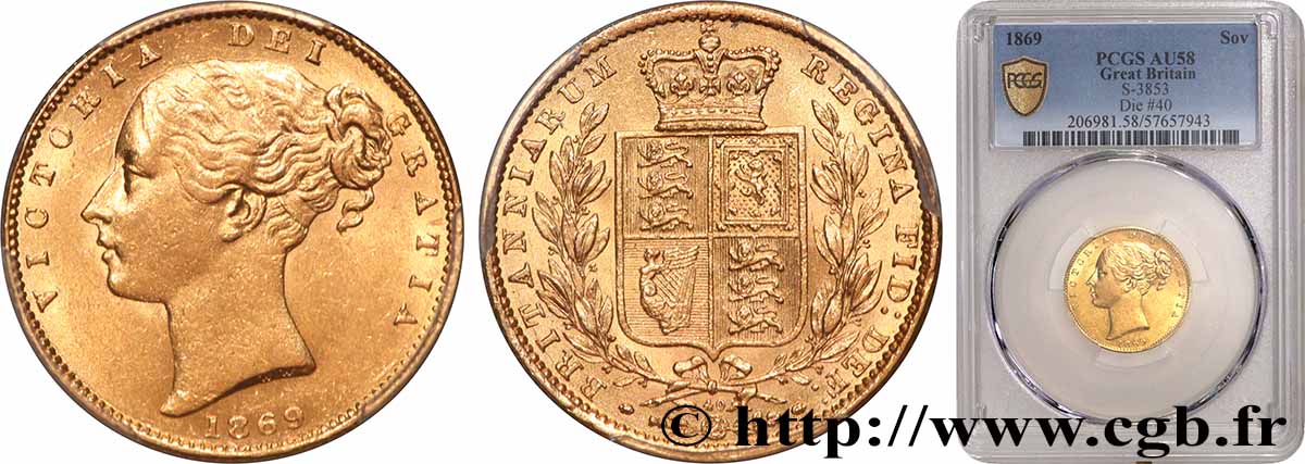 ROYAUME-UNI Souverain Victoria buste jeune / blason variété avec numéro de coin n°40 1869 Londres SUP58 PCGS