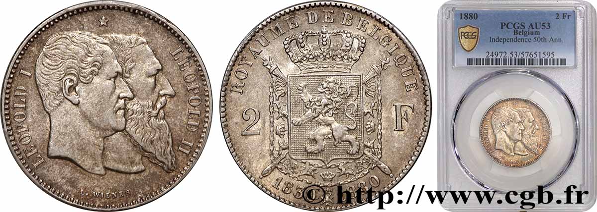 BELGIQUE 2 Francs 50e anniversaire de l’indépendance 1880  TTB53 PCGS