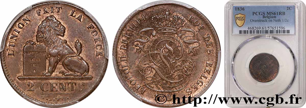 BELGIQUE 2 Centimes Léopold Ier 1836  SUP61 PCGS