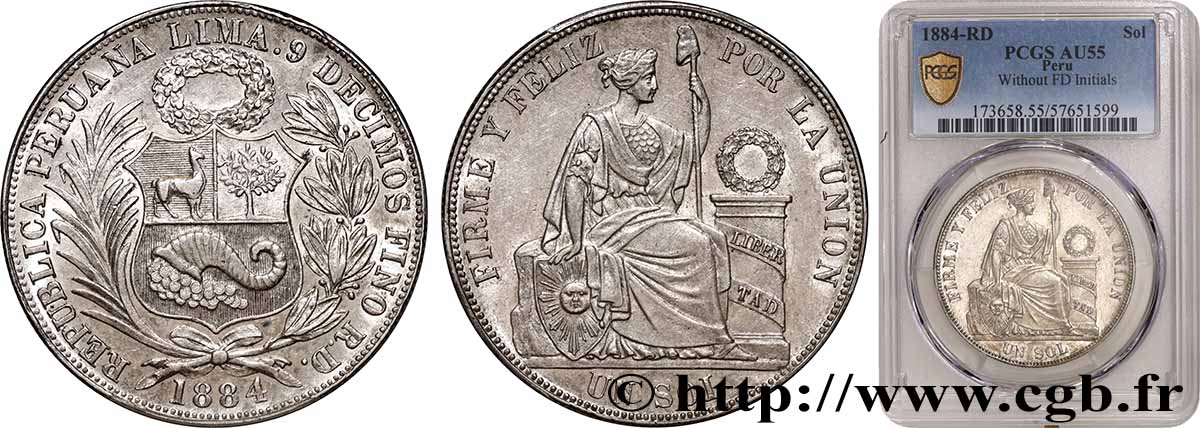 PERU 1 Sol 1884 Lima AU55 PCGS