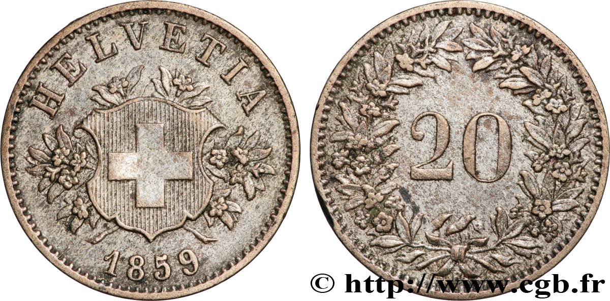 SWITZERLAND 20 Centimes (Rappen) croix suisse 1859 Berne - B XF 
